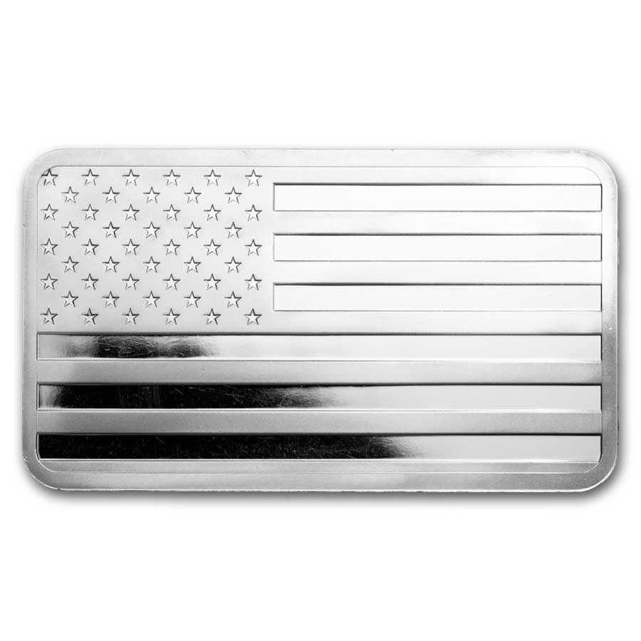 10 oz Silver Bar - American Flag Design (Eagle Back): This 10 oz Silver Bar features an American Flag design with an eagle on the reverse and is struck in .999 fine silver. The bar combines patriotic-themed artwork with 10 troy ounces of investment-grade