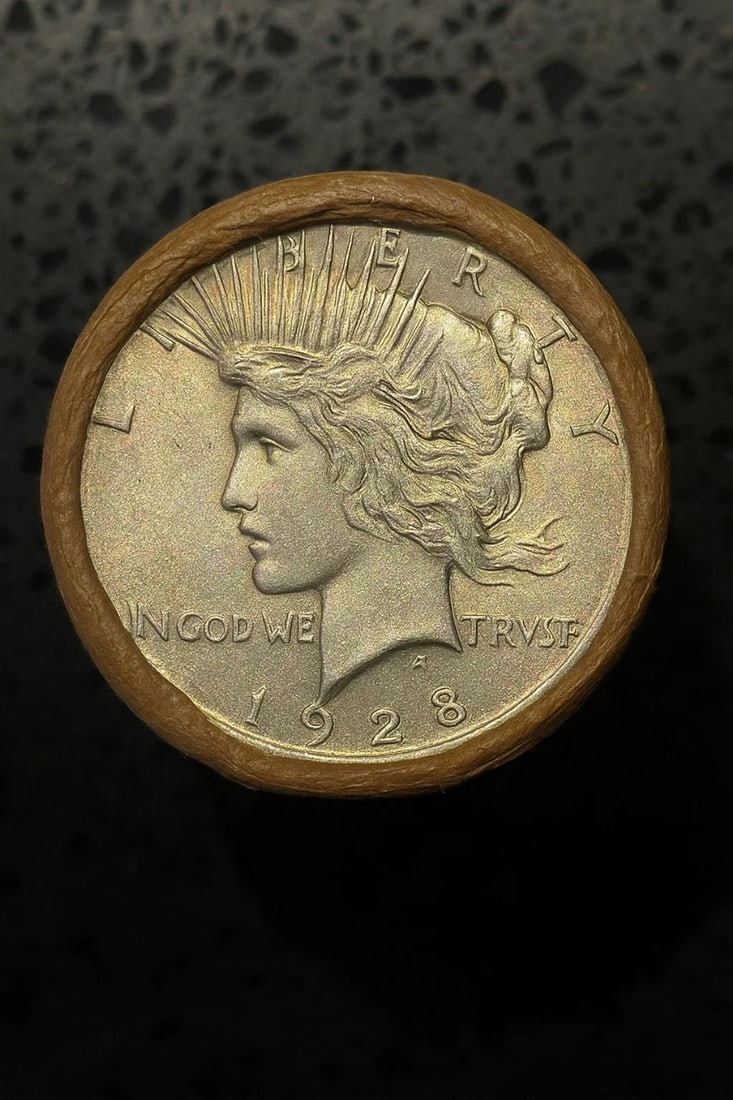 BU $10 Peace Silver Dollar Roll 1928 & S Ends: An original Brilliant Uncirculated (BU) sealed roll containing 10 Peace Silver Dollars, featuring a 1928 coin on one end and a San Francisco (S) Mint coin on the other. The roll remains sealed to ensu