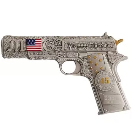 5 oz Silver Gun Shaped .45 Caliber Pistol Antiqued .999 Fine (w/Box): Make a powerful statement in your collection with the 5 oz Silver Gun Shaped .45 Caliber Pistol Antiqued .999 Fine (w/Box). Struck from 5 troy ounces of .999 fine silver, this high-relief piece featur