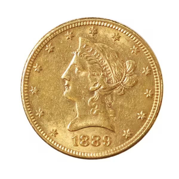 $10 Gold Liberty 1889-S AU: The 1889-S $10 Gold Liberty, known as the "Eagle," is an iconic piece of late 19th-century American coinage. Minted at the San Francisco Mint, this coin reflects the economic prosperity of the post-Go