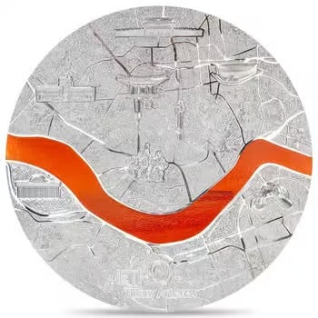 2024 Palau 1 Kilo Proof Silver Tiffany Art Metropolis Seoul Coin: The 2024 Palau 1 Kilo Tiffany Art Metropolis Seoul Coin is a rare .9999 fine silver masterpiece featuring an intricate 120mm map of the South Korean capital accented by vibrant orange Tiffany glass. W