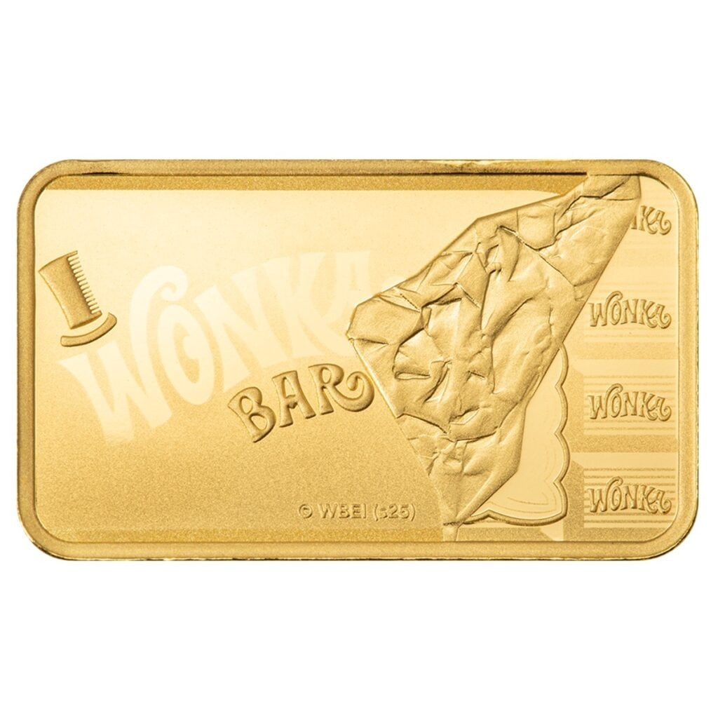 PAMP Suisse 5 Gram Gold Bar - Willy Wonka Golden Ticket: The PAMP Suisse Willy Wonka Golden Ticket Gold Bar is a unique collectible inspired by the famous story. Struck from 5 grams of .9999 fine gold, it features a design resembling the iconic golden ticke