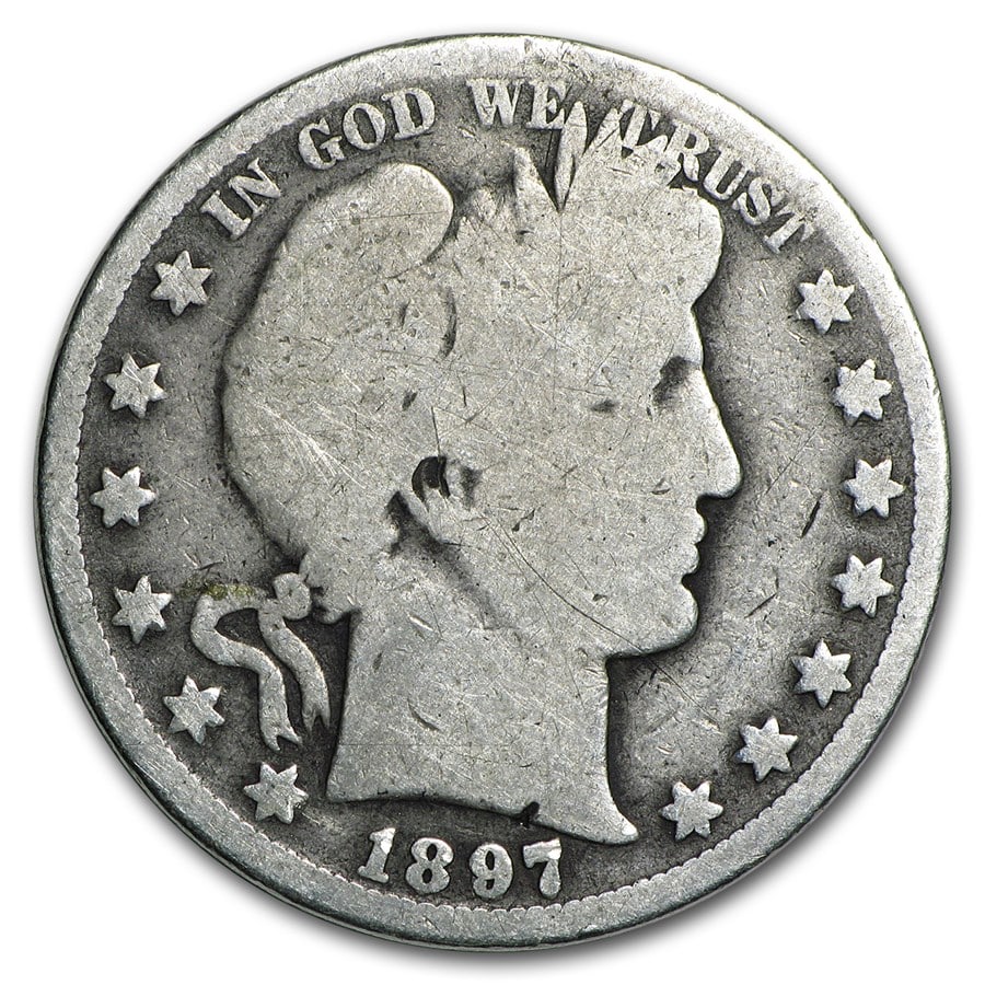 Barber Half Dollar About Good Condition 1897-O: The 1897-O Barber Half Dollar in About Good condition represents a tougher New Orleans date. Struck in 90% silver, it maintains solid numismatic demand.