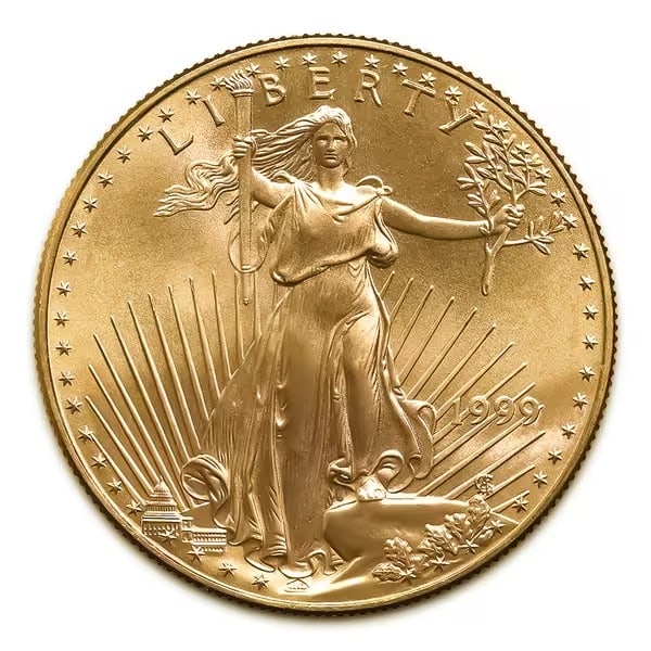 1999 American Gold Eagle 1/10 oz Uncirculated: 1999 American Gold Eagle 1/10 oz Uncirculated: Brilliant uncirculated 1/10 oz gold coin featuring Lady Liberty on the obverse and two bald eagles on the reverse, backed by the U.S. Mint for weight, pu