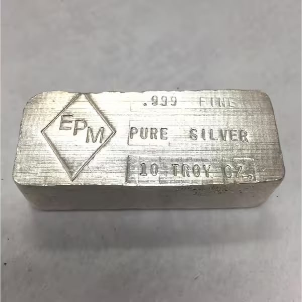 Vintage Poured EPM 10 oz Bar: This Vintage Poured EPM 10 oz Silver Bar is struck in .999 fine silver and features poured-style characteristics with stamped refinery markings. A 10 troy ounce bar offering vintage bullion appeal and