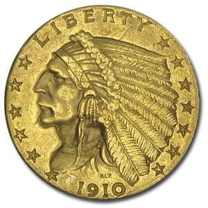 US $2.5 Indian Gold Coins Almost Uncirculated 1910: The 1910 US $2.5 Indian Gold Coin is a remarkable example of early 20th-century American numismatic innovation, continuing the legacy of the quarter eagle series that began in 1908. These coins are hi