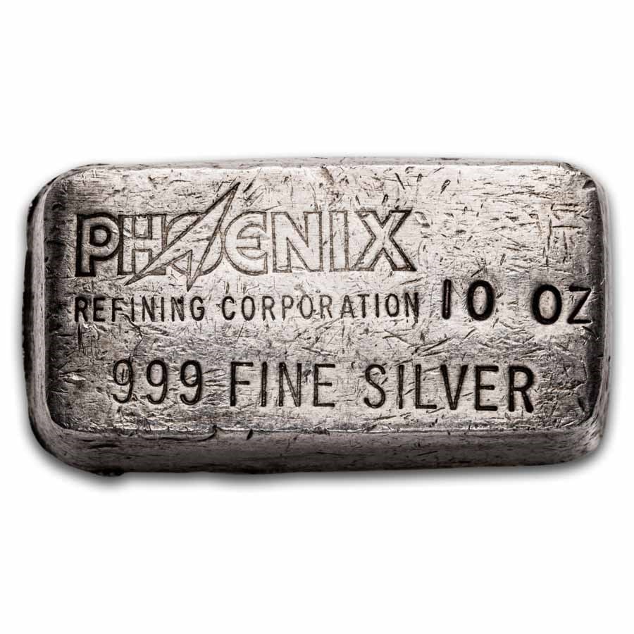 10 oz Silver Bar - Phoenix Refining Corporation: This 10 oz Silver Bar produced by Phoenix Refining Corporation is struck in .999 fine silver and features the refinerys hallmark and weight specifications. A solid bullion-format bar offering 10 troy