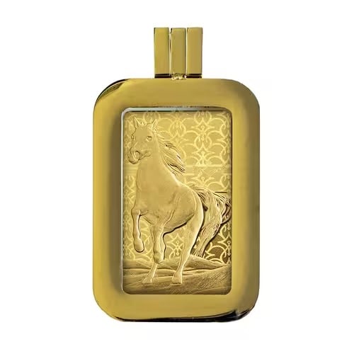 Pamp Suisse Arabian Horse 5g Pure Gold Bar with Pendant Frame: Crafted from 5 grams of .9999 fine gold, this elegant bar by PAMP Suisse features a beautifully detailed engraving of a majestic Arabian horse in motion. The design symbolizes strength, grace, and her