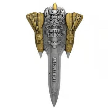 2024 Chad 2 oz Silver Fighter Jet Gilded Shaped Coin .999 Fine: 2024 Chad 2 oz Silver Fighter Jet Gilded Shaped Coin 2 oz .999 fine silver High Relief, shaped coin with partial gilding from the Bullion Exchanges Weapons of War Series featuring a detailed fighter j