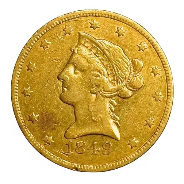$10 Gold Liberty 1849 VF: This 1849 $10 Liberty Head Gold Eagle is in Very Fine (VF) condition, showing moderate wear with clear design details remaining. The obverse features Lady Liberty wearing a coronet, while the reverse
