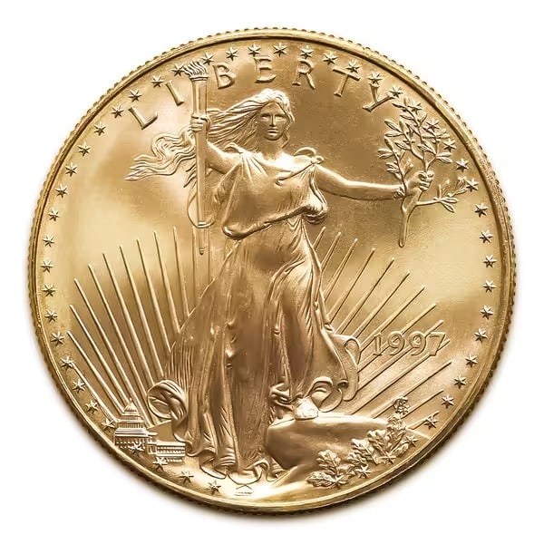 1997 American Gold Eagle 1/10 oz Uncirculated: 1997 American Gold Eagle 1/10 oz Uncirculated Brilliant Uncirculated 22-karat gold coin featuring Saint-Gaudens Lady Liberty and two nesting bald eagles, U.S. government-backed with $5 face value, per