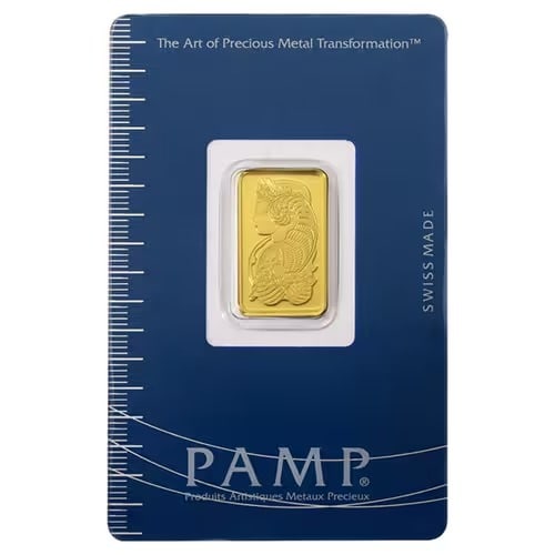 PAMP Suisse 5 Gram Gold Bar: The PAMP Suisse 5 Gram Gold Bar is struck from .9999 fine gold and features the iconic Lady Fortuna design, symbolizing prosperity and good fortune in a beautifully detailed Swiss-crafted format. Each