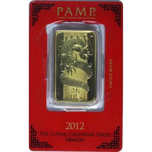 PAMP Suisse One Ounce Gold Bar - 2012 Dragon Design (holder stapled): Struck from 1 troy ounce of .9999 fine gold, this 2012 PAMP Suisse bar features the highly collectible Lunar Dragon design. The Dragon symbolizes strength, prosperity, and good fortune in Chinese cult