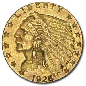 US $2.5 Indian Gold Coins Almost Uncirculated 1926 (1 of 2)