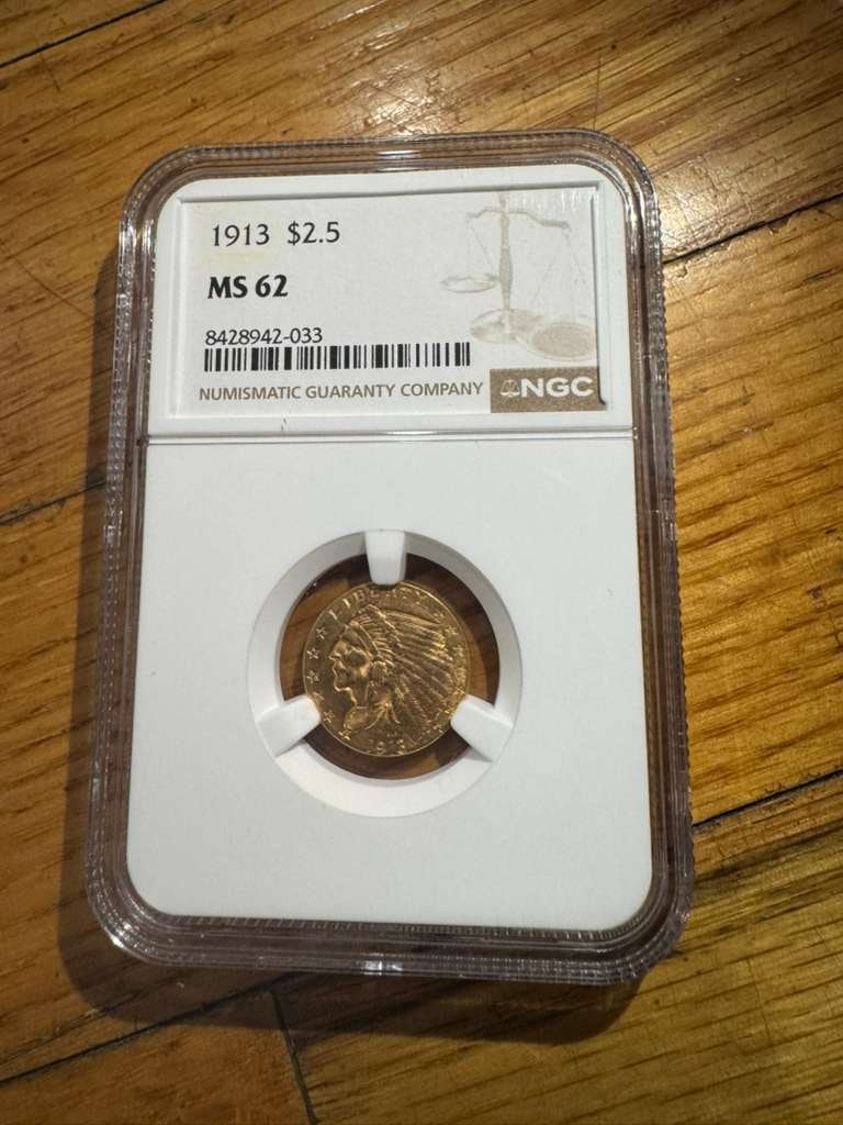 $2.50 Indian Gold Quarter Eagle MS-62 NGC: This $2.50 Indian Head Gold Coin contains .12094 oz of fine gold and is certified MS-62 by NGC, ensuring its mint state condition and authenticity. Designed by Bela Lyon Pratt, the obverse features Li