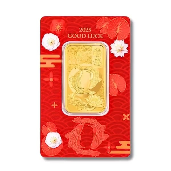 Pamp Suisse 1oz Gold Bar 2025 Good Luck Koi Fish: Struck from 1 oz of .9999 fine gold, this 2025 edition features an elegant Koi Fish design symbolizing prosperity and good fortune. Produced by PAMP Suisse, it blends cultural meaning with bullion qua