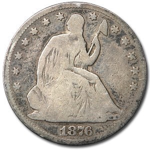 Seated Liberty Half Dollar Good 1876: The 1876 Seated Liberty Half Dollar in Good condition dates to Americas Centennial year. Struck in 90% silver, it combines historic significance with collectible appeal.