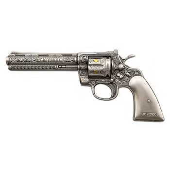 1 oz Silver Revolver Gun Shaped Antiqued High Relief .999 Fine: Make a powerful statement in your collection with the 1 oz Silver Revolver Gun Shaped Antiqued High Relief .999 Fine. Struck from 1 troy ounce of .999 fine silver, this high-relief piece features an a
