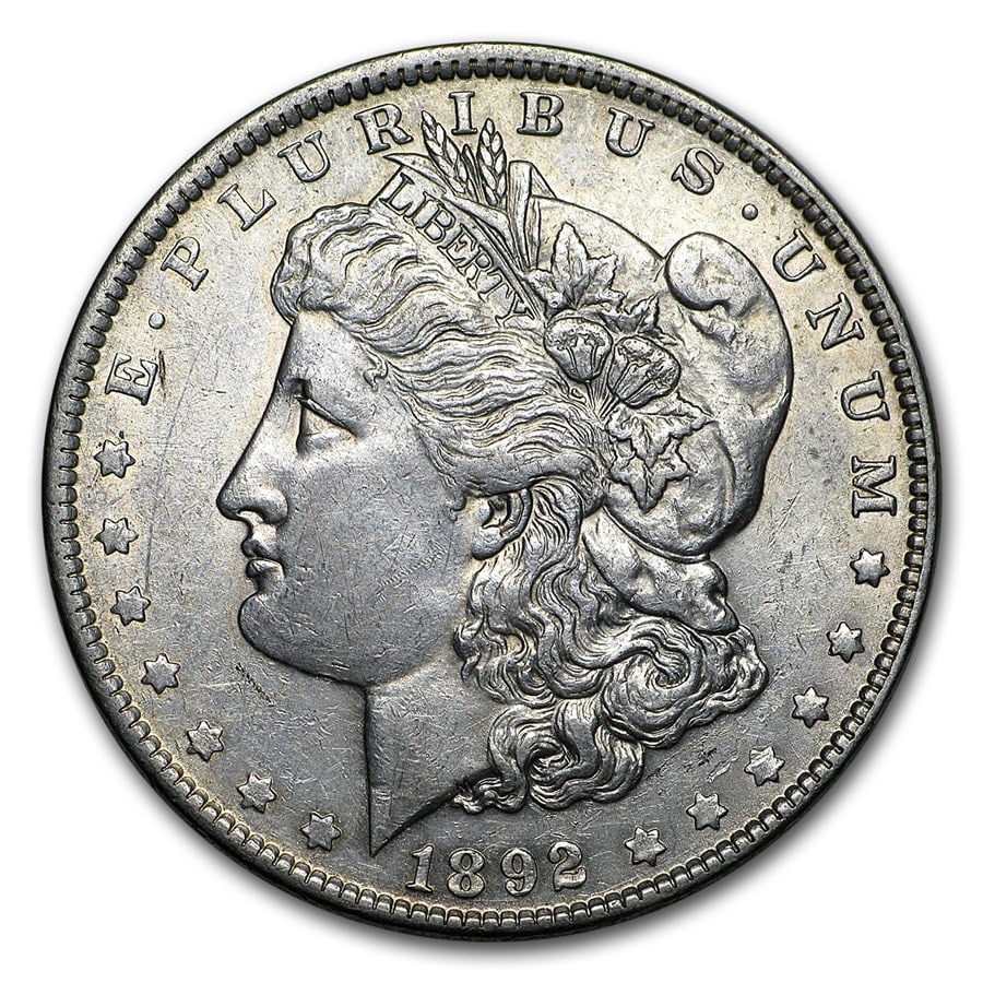 Morgan Silver Dollar Almost Uncirculated 1892: 1892 Morgan Silver Dollar struck at the historic Philadelphia Mint a tougher early-1890s issue with comparatively lower mintage and scarce availability in higher grades, especially without a mintmark.