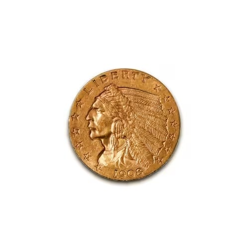 US $2.5 Indian Gold Coins Extra Fine 1908: The 1908 Indian Head $2.5 Gold Quarter Eagle is a landmark issue in American coinage, marking the first year of a bold and innovative design that reshaped the nation's numismatic landscape. Created un