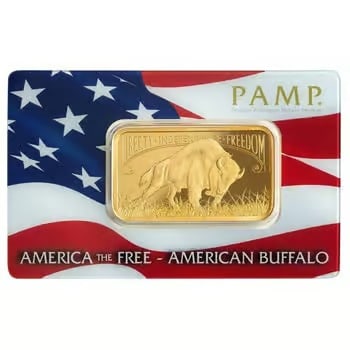 1 oz PAMP Suisse American Buffalo Gold Bar (in Assay): The 1 oz PAMP Suisse American Buffalo Gold Bar features a detailed design inspired by classic American imagery. Struck from .9999 fine gold, it reflects PAMP Suisse’s world-renowned craftsmanship. E