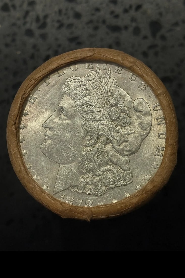 BU $10 Morgan Silver Dollar Roll 1878 & 1879 Ends: An original Brilliant Uncirculated (BU) sealed roll of Morgan Silver Dollars, featuring an 1878 coin on one end and an 1879 coin on the opposite end. The roll remains sealed, with only the front and b