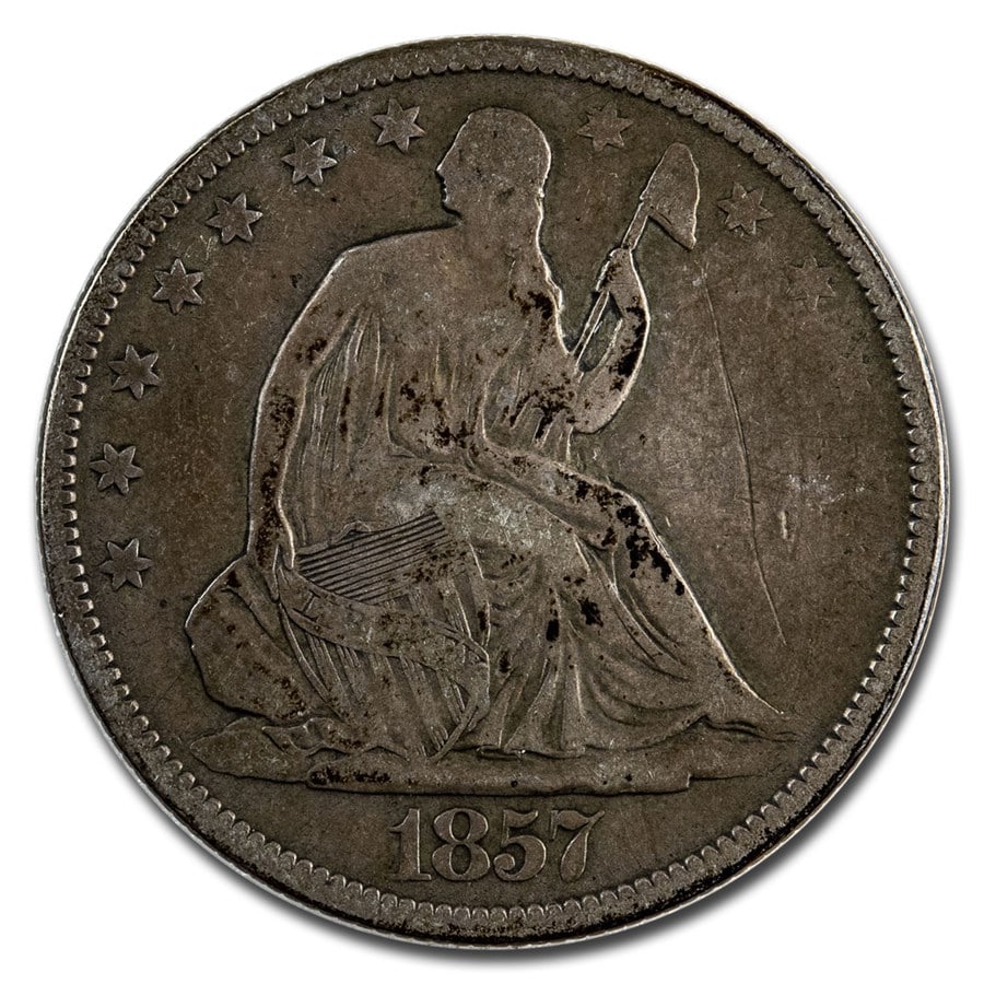 Seated Liberty Half Dollar Extra Fine 1857: The 1857 Seated Liberty Half Dollar in Extra Fine condition presents well-defined Liberty and eagle details. A strong mid-19th-century 90% silver example