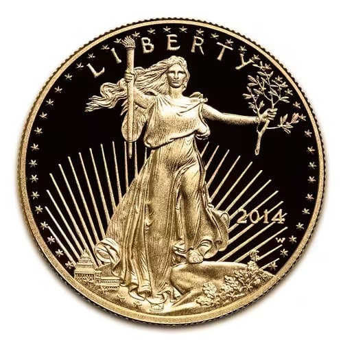 Proof American Gold Eagle Half Ounce (Dates Our Choice: Proof American Gold Eagle 1/2 oz ($25 Face Value), struck by the esteemed United States Mint and backed by the U.S. government for weight and purity. Minted in durable 22-karat crown gold (.9167 fine)