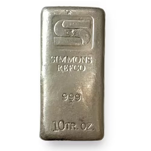 Vintage Poured Simmons Refco 10 oz Bar (Type A): This vintage 10 oz Doral silver bar is a rare, hand-poured "odd-weight" ingot crafted from .999 fine silver, embodying the rugged craftsmanship of old-school bullion production. Characterized by its d