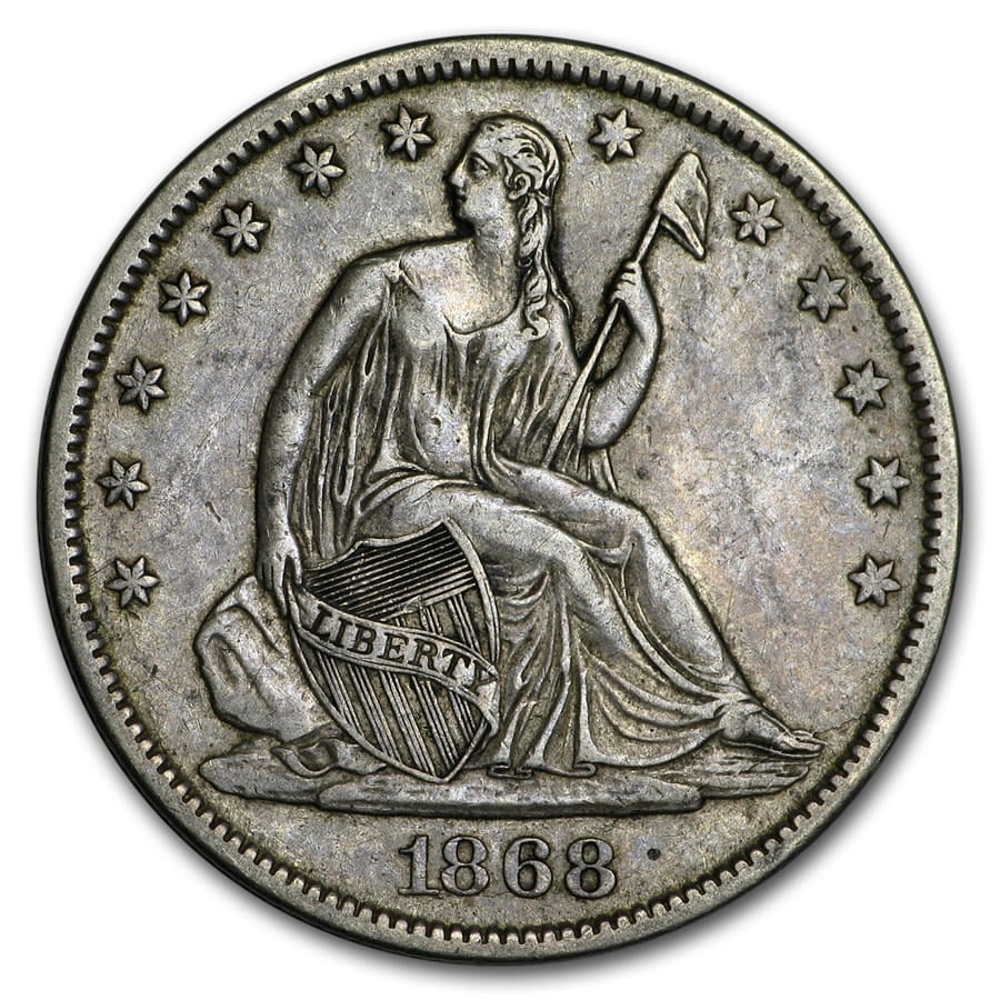 Seated Liberty Half Dollar Very Fine 1868-S: The 1868-S Seated Liberty Half Dollar in Very Fine condition represents a tougher Reconstruction-era San Francisco issue. Struck in 90% silver, it carries strong collector interest.