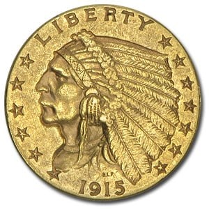 US $2.5 Indian Gold Coins Almost Uncirculated 1915: The 1915 $2.5 Indian Gold Coin, graded Almost Uncirculated (AU), is a prized numismatic treasure, epitomizing the elegance, historical significance, and artistic beauty of early 20th-century American