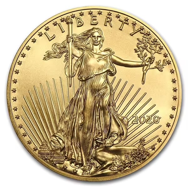 2020 American Gold Eagle 1/10 oz Uncirculated: 2020 American Gold Eagle 1/10 oz Uncirculated: Struck in .999 pure gold, this 1/10 oz coin features the iconic Saint-Gaudens Lady Liberty on the obverse and two nesting Bald Eagles on the reverse. Bri