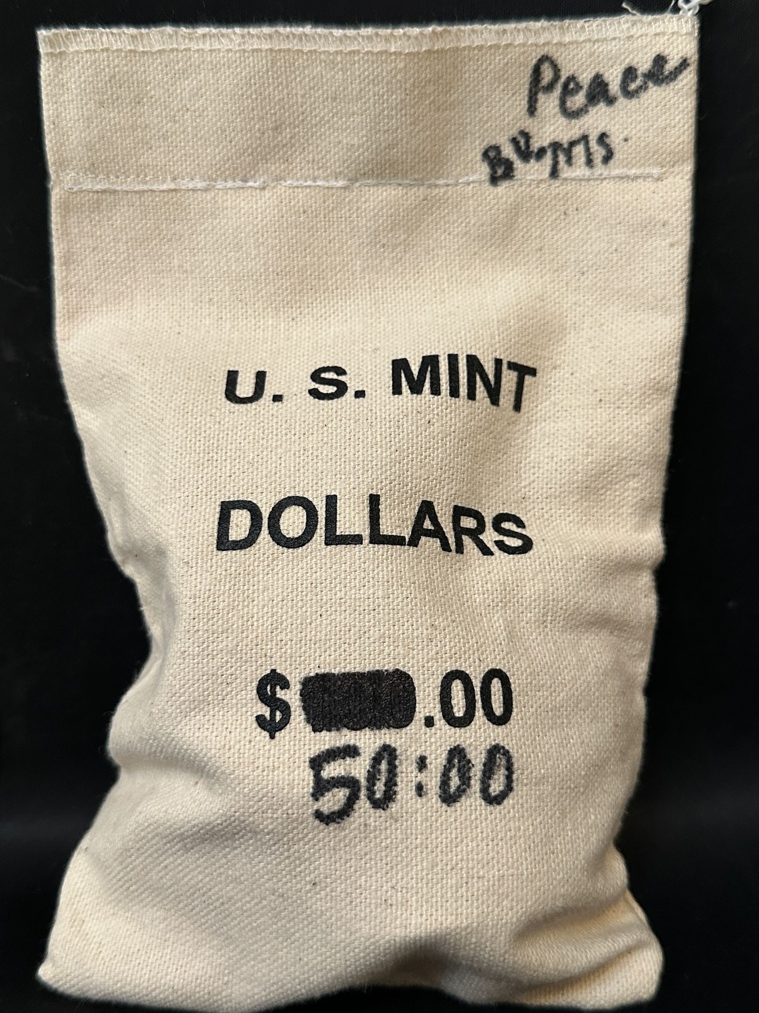 BU $50 Peace Mixed Silver dollar sealed bag.: This sealed bag includes 50 Brilliant Uncirculated (BU) Peace Silver Dollars showing bright mint luster and strong detail. Each coin is struck in 90% silver and features the iconic Liberty and eagle d
