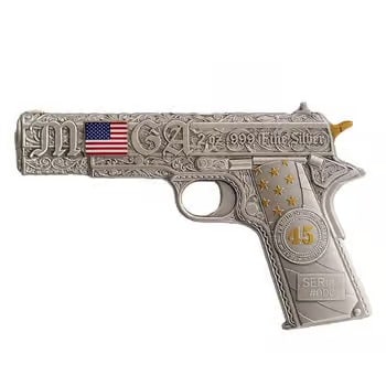 2 oz Silver Gun Shaped .45 Caliber Pistol Antiqued .999 Fine: Make a powerful statement in your collection with the 2 oz Silver Gun Shaped .45 Caliber Pistol Antiqued .999 Fine. Struck from 2 troy ounces of .999 fine silver, this high-relief piece features an an