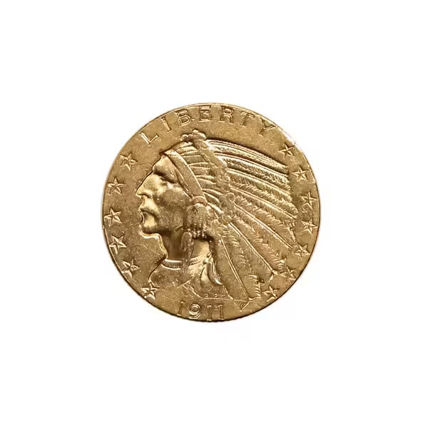 $5 Gold Indian 1911-S Extra Fine: The 1911-S $5 Gold Indian is a striking example of Bela Lyon Pratt’s innovative incuse design, issued by the San Francisco Mint. Part of the Indian Head Half Eagle series (1908–1929), this coin st