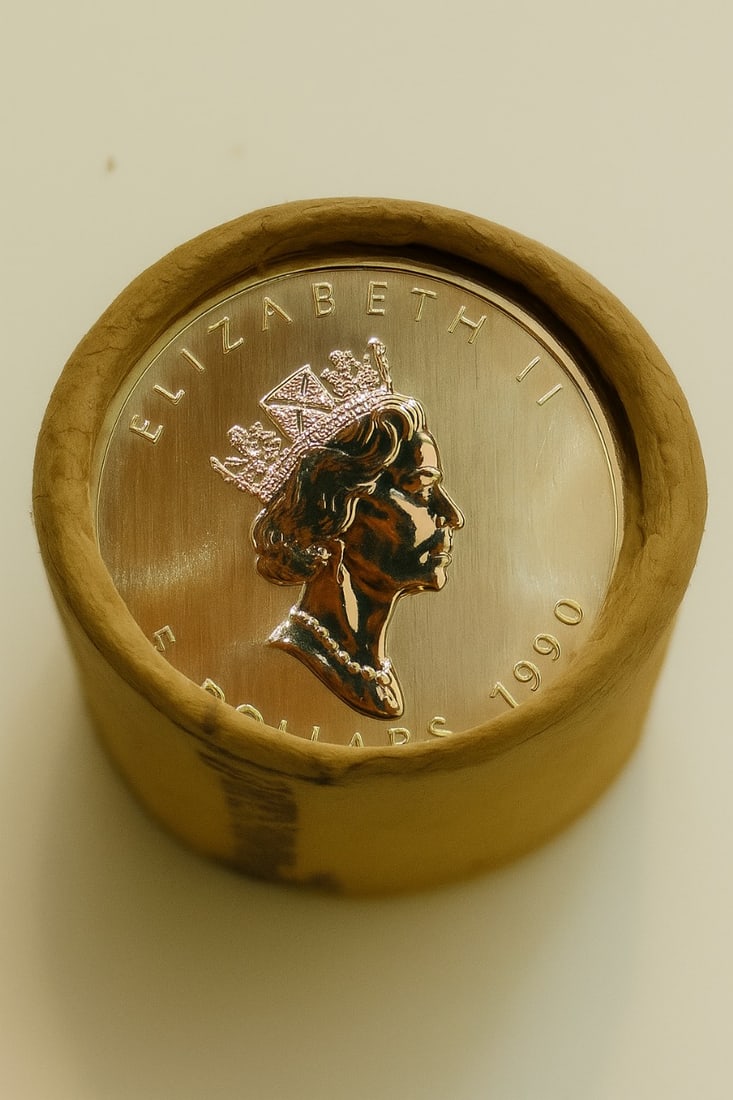 10 QTY $5 Coin1990 & 1990 Elizabeth-2 Canadian Maple roll: An original Brilliant Uncirculated (BU) sealed roll containing 10 Canadian Silver Maple Leaf coins, each struck in 1 oz of .9999 fine silver. This roll features the 1990 date on both ends, showcasing