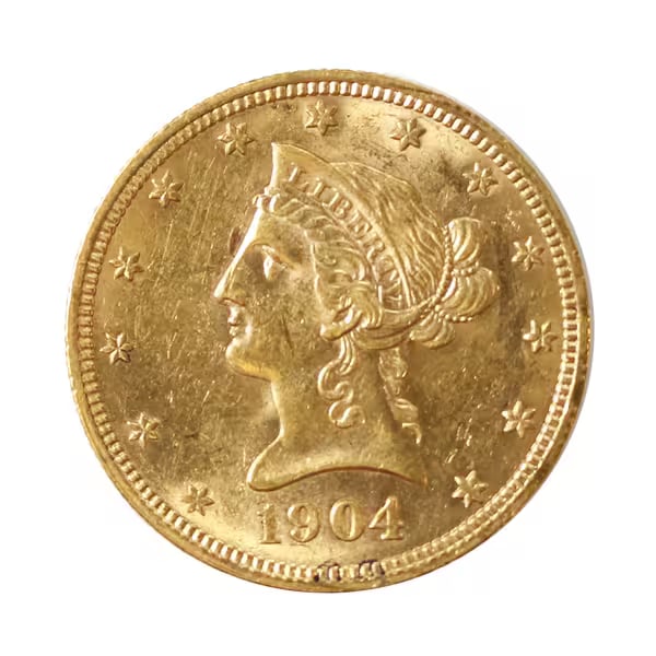 $10 Gold Liberty 1904 AU: The 1904 $10 Gold Liberty, part of the iconic Eagle series, is a distinguished piece of American numismatic history. Struck during a period of rapid economic growth and industrial expansion, this coin