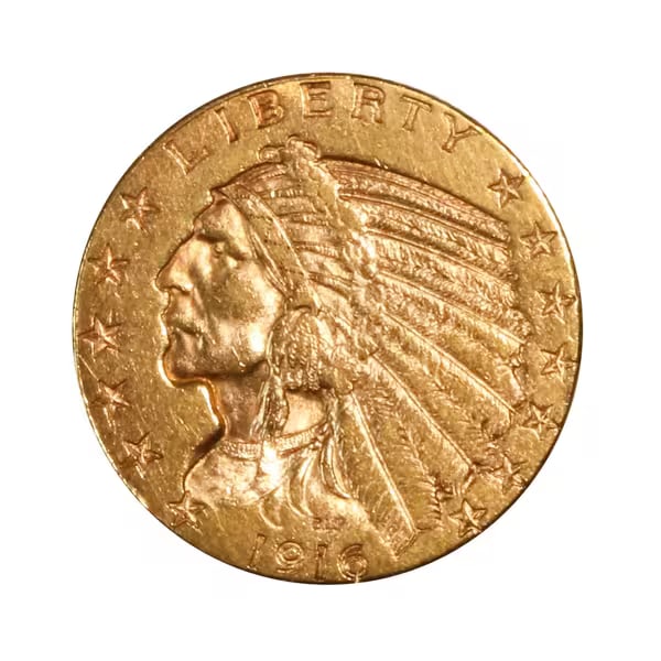 $5 Gold Indian 1916-S XF: The 1916-S $5 Gold Indian is a highly desirable coin from Bela Lyon Pratt’s innovative Indian Head Half Eagle series. Struck at the San Francisco Mint, this issue is notable for its incuse design, w