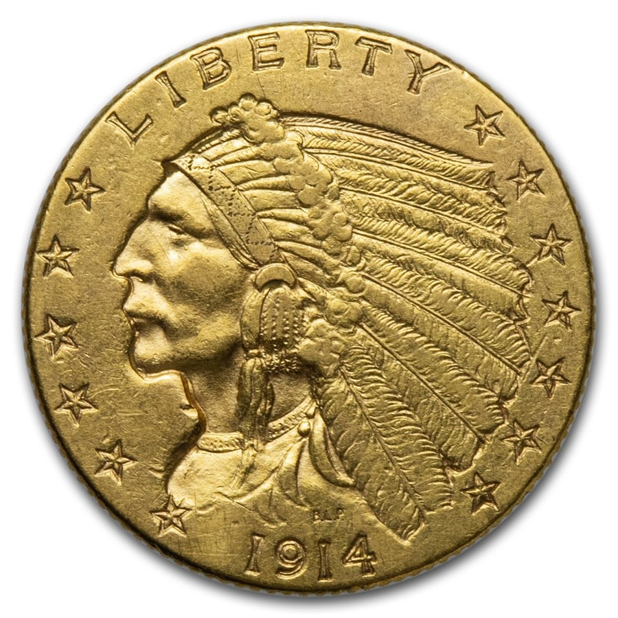 US $2.5 Indian Gold Coins Extra Fine 1914-D: The 1914-D $2.5 Indian Gold Coin, graded Extra Fine (XF), is a prized piece in any numismatic collection. As part of the renowned Indian Head Quarter Eagle series, first minted in 1908 and continuing 