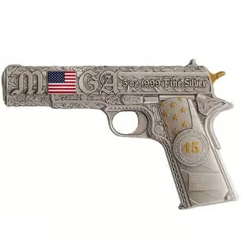 5 oz Silver Gun Shaped .45 Caliber Pistol Antiqued .999 Fine (w/Box): Make a powerful statement in your collection with the 5 oz Silver Gun Shaped .45 Caliber Pistol Antiqued .999 Fine (w/Box). Struck from 5 troy ounces of .999 fine silver, this high-relief piece featur