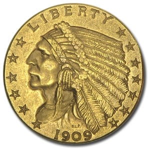 US $2.5 Indian Gold Coins Almost Uncirculated 1909 (1 of 2)