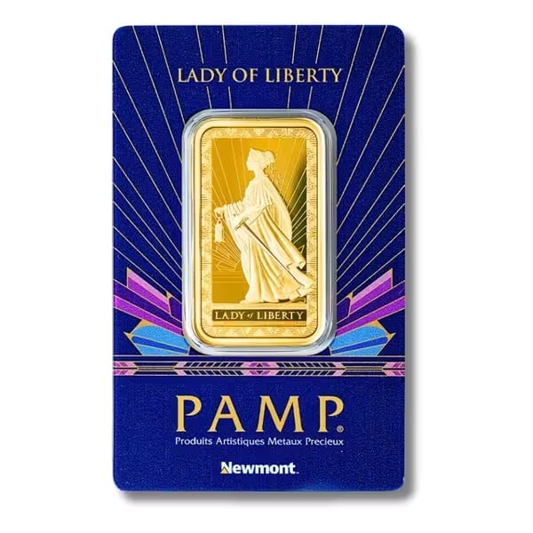 PAMP Suisse 1oz Newmont Lady of Liberty Gold Bar: The PAMP Suisse 1 oz Newmont Lady of Liberty Gold Bar is struck from .9999 fine gold in partnership with Newmont Corporation and sealed in tamper-evident CertiPAMP packaging with a unique serial numbe