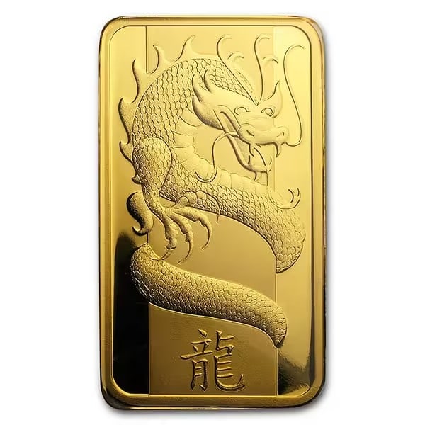 PAMP Suisse One Ounce Gold Bar - 2012 Dragon Design (no card): This 1 oz PAMP Suisse Gold Bar displays the beautiful 2012 Dragon design, representing fortune and strength. Struck from .9999 fine gold by the prestigious Swiss refinery. The bar is offered without i
