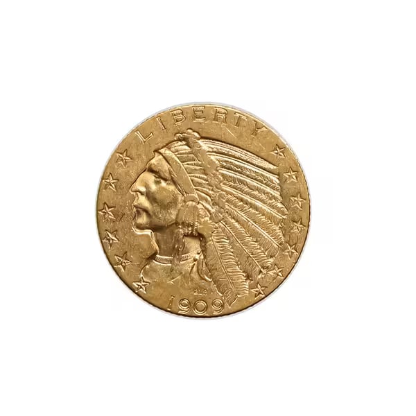 $5 Gold Indian 1909-S Extra Fine: The 1909-S $5 Gold Indian is a standout in U.S. numismatic history, featuring the rare incuse design by Bela Lyon Pratt. Struck at the San Francisco Mint during the second year of the Indian Head Half