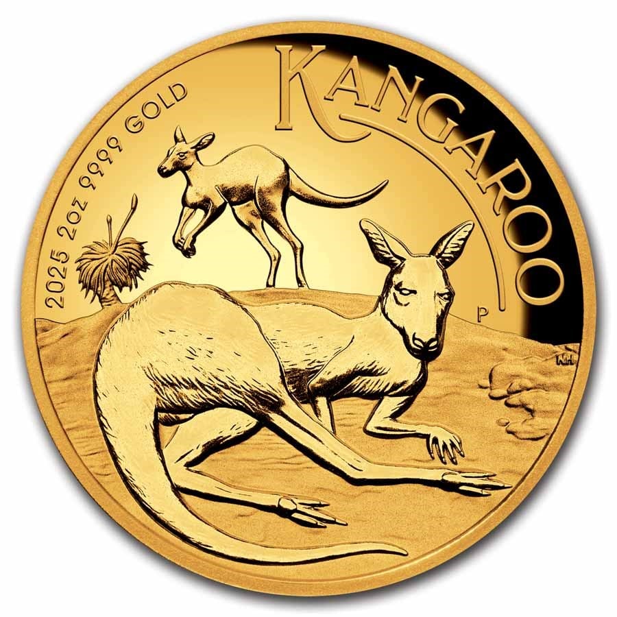 2025 Australia 2 oz Gold Kangaroo Proof HR (Box & COA): 2025 Australia 2 oz Gold Kangaroo High Relief Proof Coin – 2 oz .9999 fine gold, high-relief Proof with extremely low mintage of 200, housed in deluxe timber display case with COA from the Perth Min