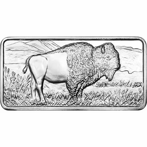 Highland Mint 10 Ounce Silver Buffalo Bar: The Highland Mint 10 oz Silver Buffalo Bar is a substantial bullion bar produced by Highland Mint, struck in .999 fine silver and weighing 10 troy ounces. Featuring the classic American Buffalo design