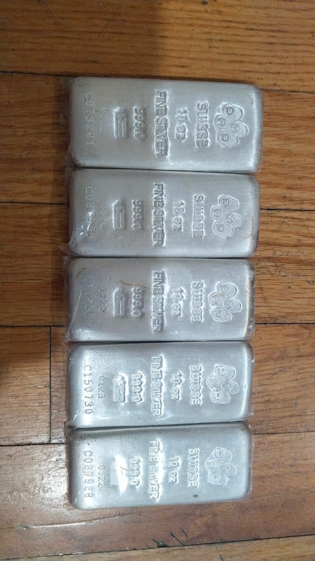 5 X PAMP SUISSE Silver Bar 10z: Lot of 5 original 10 troy ounce silver bars produced by PAMP Suisse, one of the world's most respected precious metal refiners.