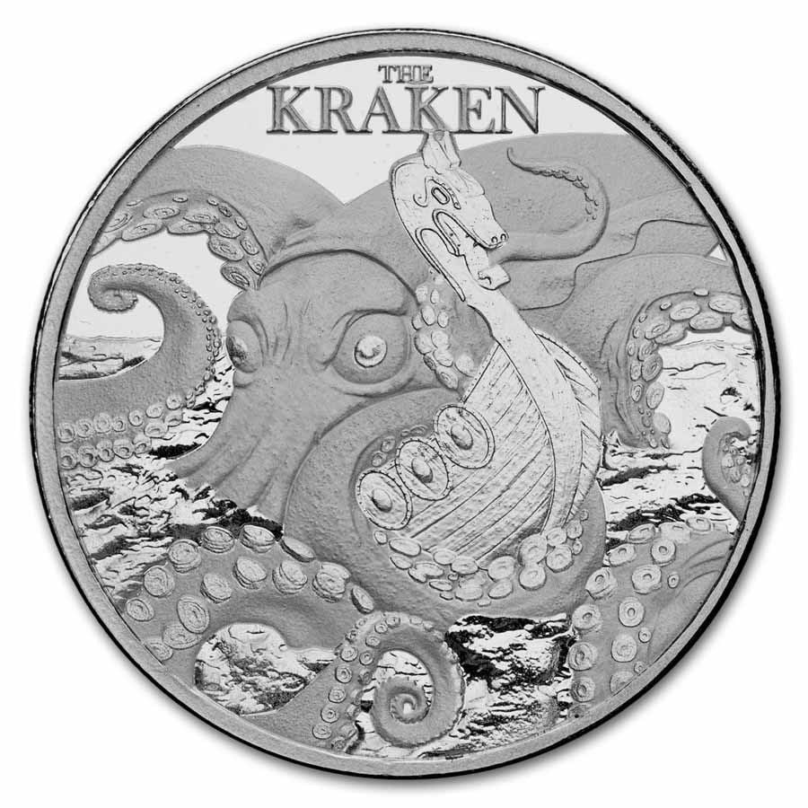 2026 Niue 1 oz Silver Mythical Creatures; The Kraken BU: 2026 Niue 1 oz .999 Silver Mythical Creatures: Kraken BU – bold design featuring the legendary sea monster ensnaring a ship, limited mintage of 5,000.