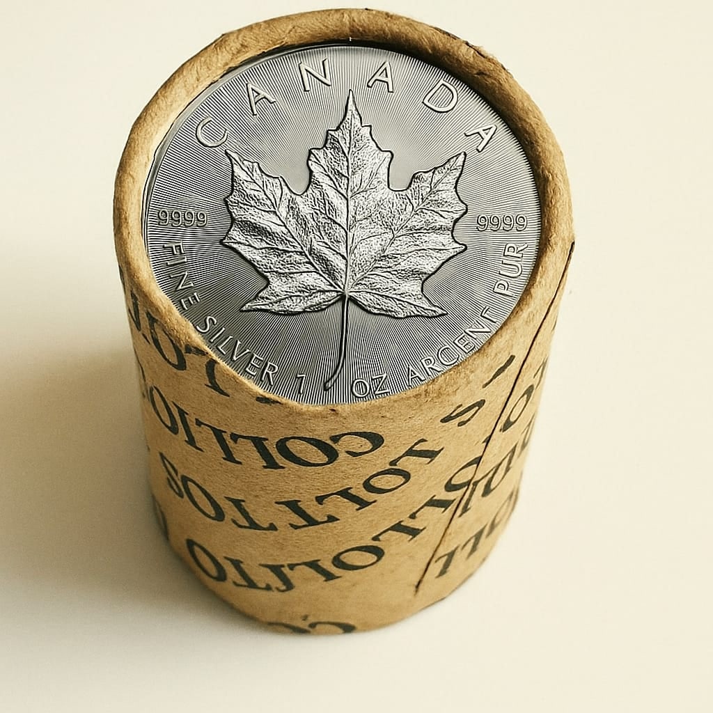 20 QTY $5 Coin BU 1990 & 1990 1 oz Silver Canadian Maple Leaf: An original Brilliant Uncirculated (BU) sealed roll containing 20 Canadian Silver Maple Leaf coins, each struck in 1 oz of .9999 fine silver. This roll features the 1990 date on both ends, showcasing 