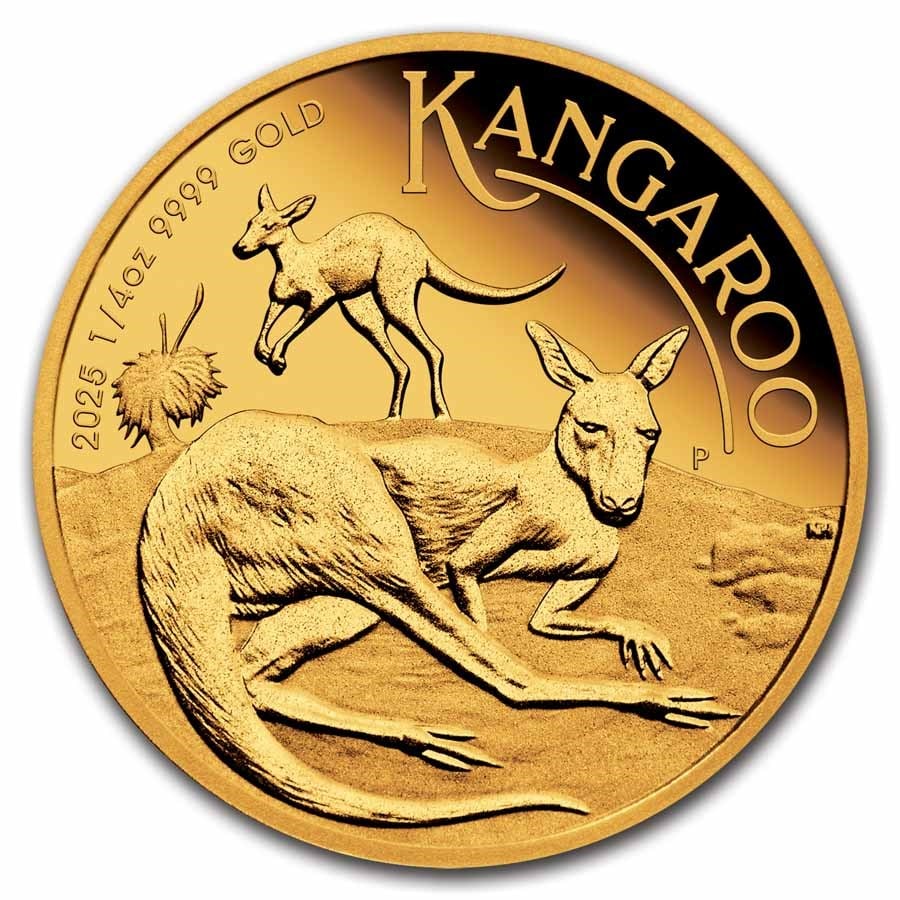 2025 Australia 1/4 oz Gold Kangaroo Proof (Box & COA): 2025 Australia 1/4 oz Gold Kangaroo Proof Coin – 1/4 oz .9999 fine gold, housed in deluxe wooden display case with COA, limited to 500 coins, premium sovereign proof from the Perth Mint.